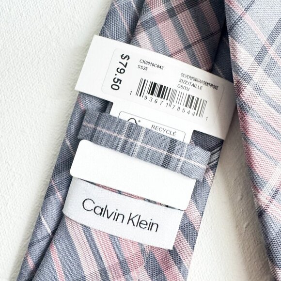 Calvin Klein Grey Pink Plaid Skinny Tie - Picture 5 of 5